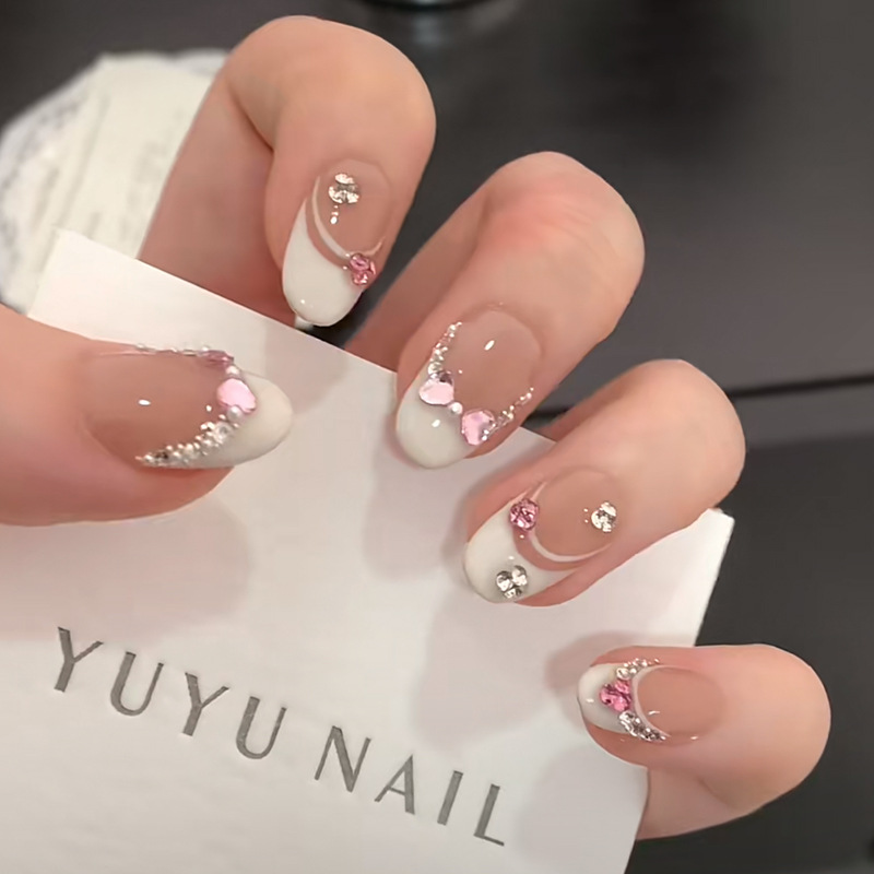 Nail Art Strawberry - 10Pcs White French Pink Heart Diamond