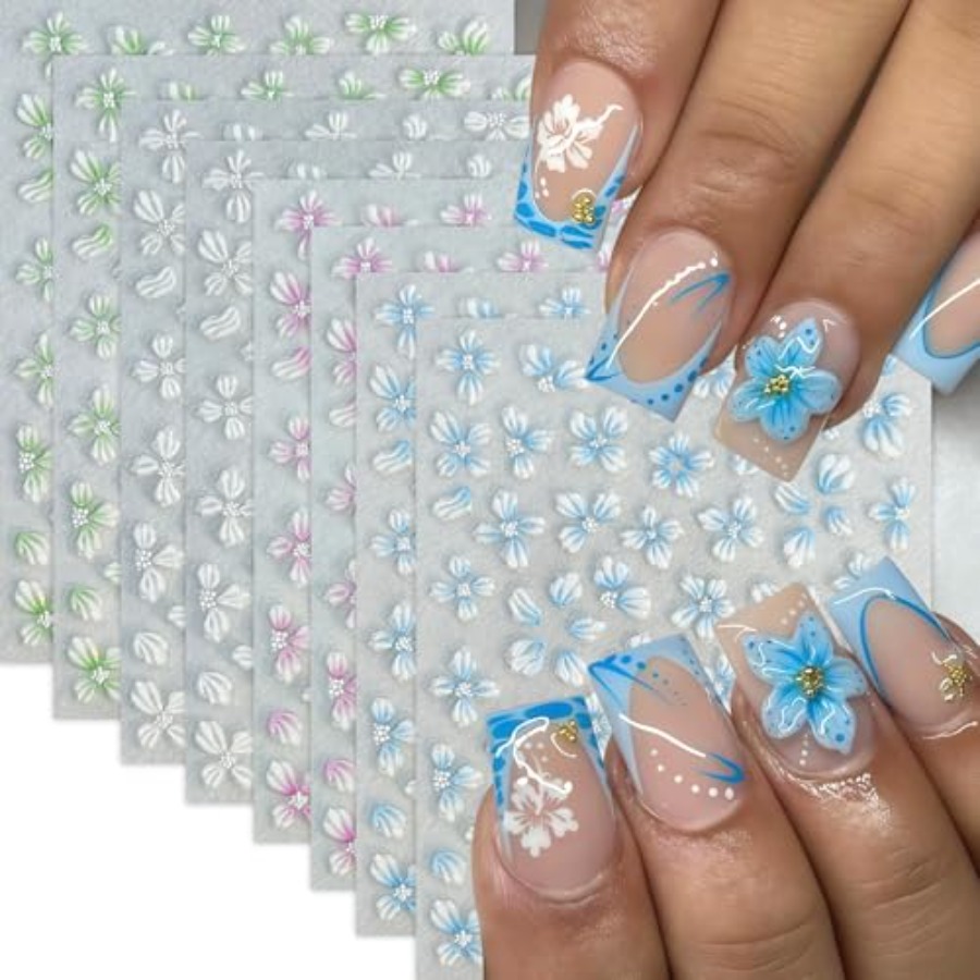 Nail Art Ice Blue - 4Sheets Nail Stickers Hibiscus Nail Art