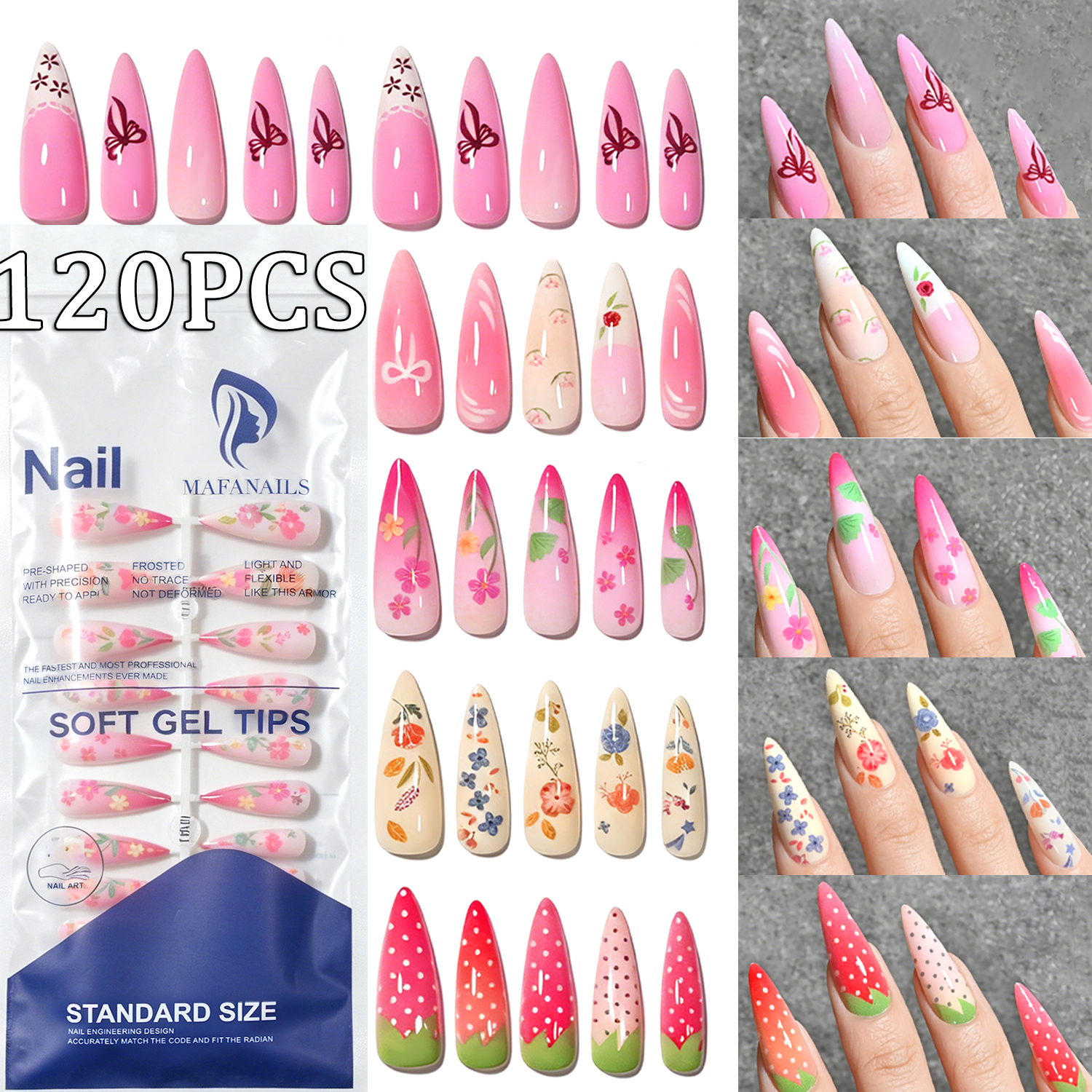 Nail Art Strawberry - 120Pcs Long Almond Press On Nails