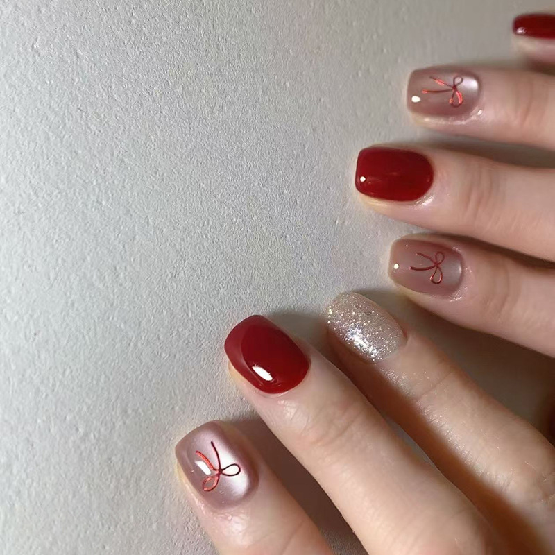 Nail Art Cat Eye Simple - 24Pcs Red Bow Cat-eye Stick-on Nails