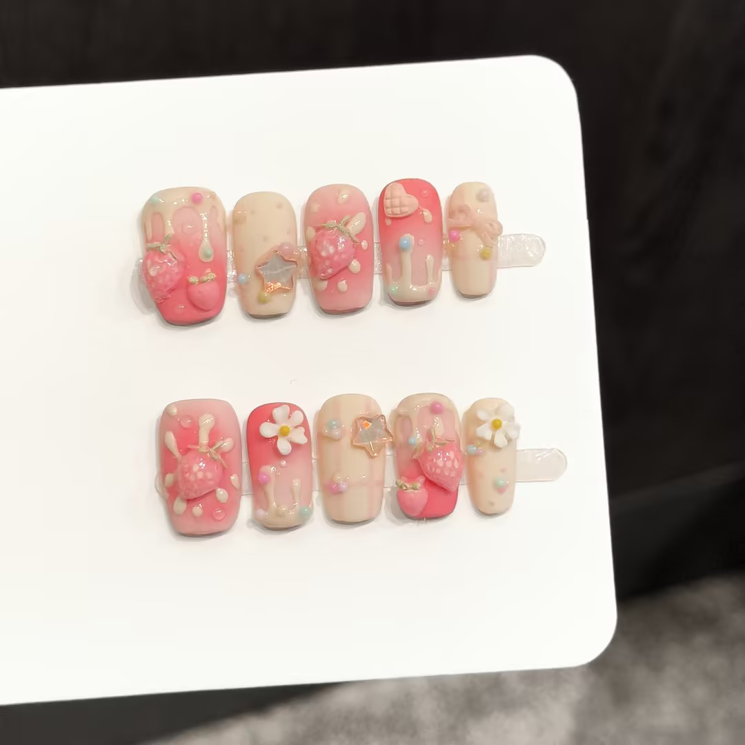 10PCS Square Handmade Press On – обзор и цена Nail Art Strawberry